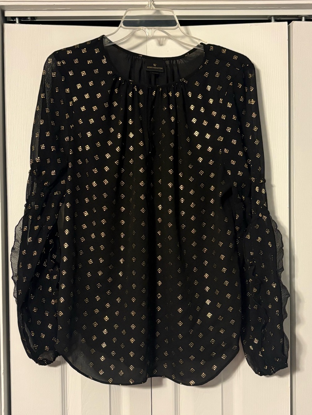 Women’s Black Sheer Blouse with Gold Foil Detail